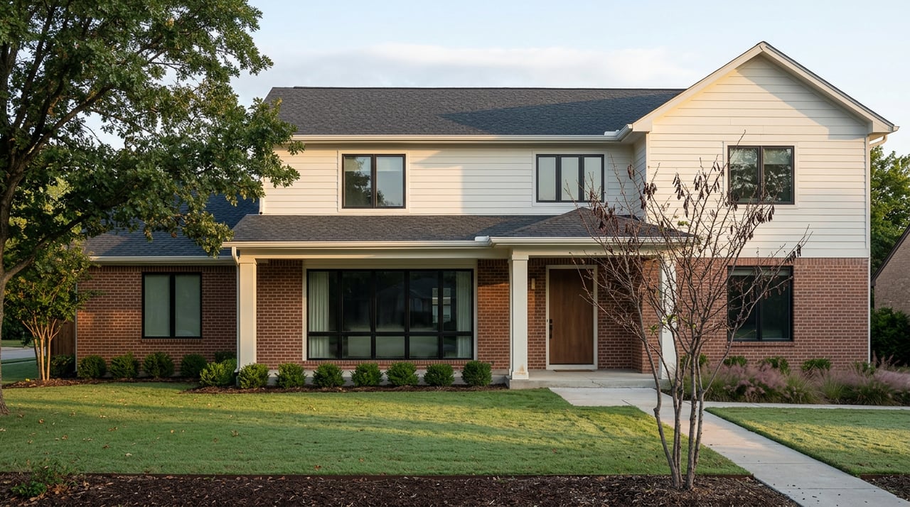 Two-story brick-and-white-sided home with black-framed windows, a covered porch, and dew-bright lawn beneath a large oak.