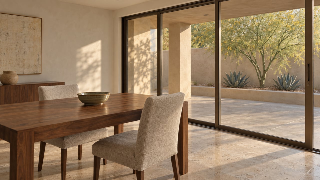 Walnut dining table and upholstered chairs beside glazed doors opening onto a covered patio with a desert tree and agaves.
