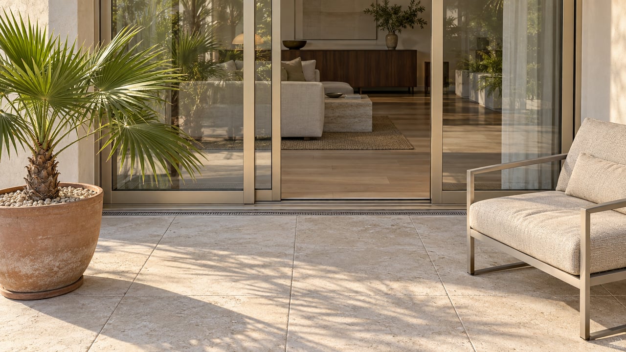 Sunlit limestone condominium terrace with a woven lounge chair, potted fan palm, and closed glass doors opening visually onto an oak-floored living room.
