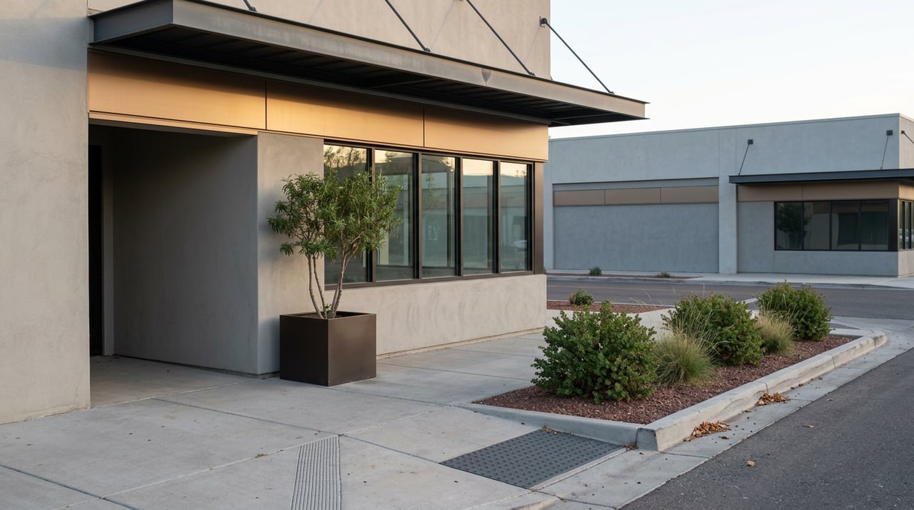 Recessed storefront entrance with bronze panels, a dark awning, and desert willow beside the sidewalk.