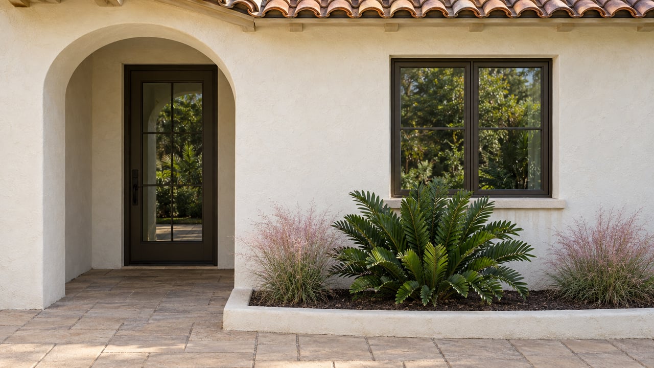 Arched recessed entry and bronze-framed window in warm-white stucco, with Zamia and pink grass in a raised bed.