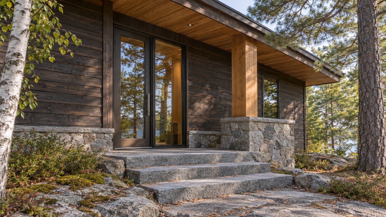 Lake house entry with a bronze-framed glass door, timber post, stone steps, and pine branches overhead.