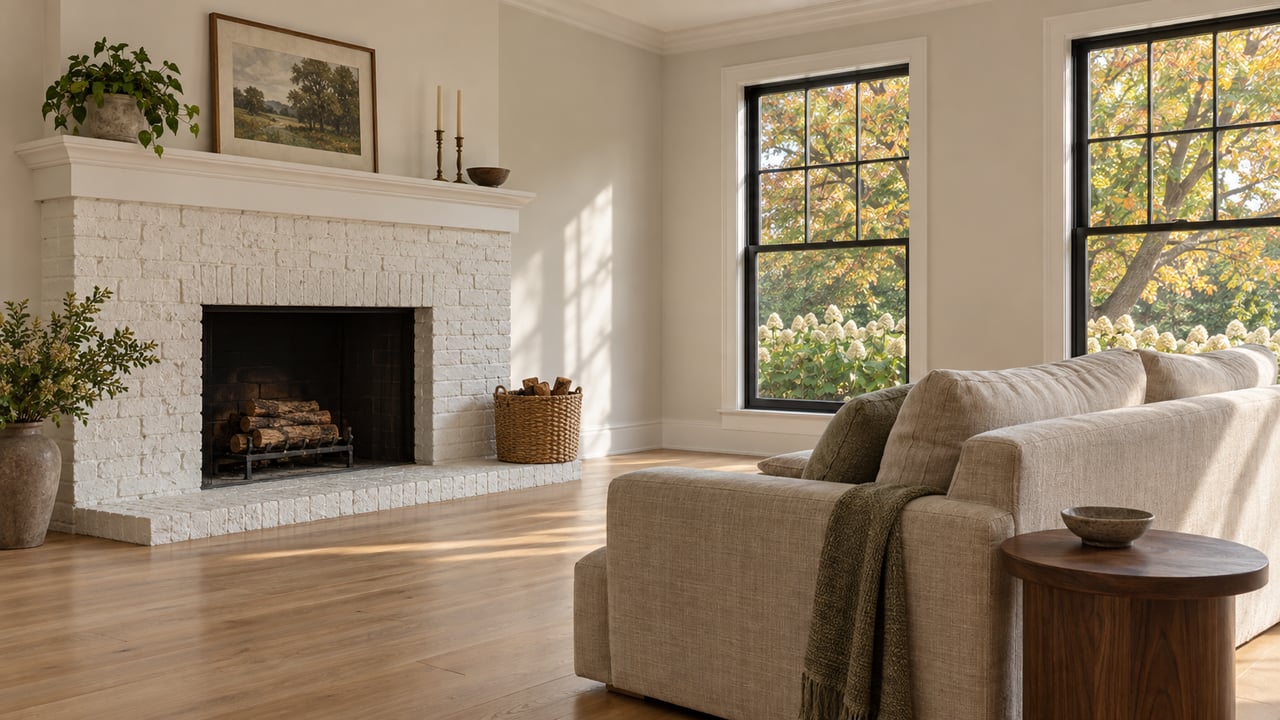 Spacious living room with a painted brick fireplace, oatmeal sofa, and two black-framed windows overlooking autumn foliage.