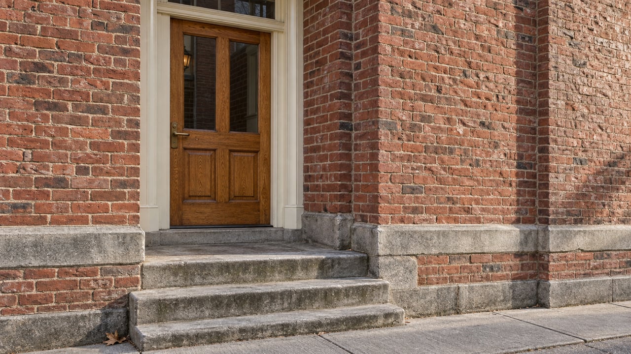 Warm oak residential door recessed in weathered red brick, above worn limestone steps and a narrow concrete sidewalk.