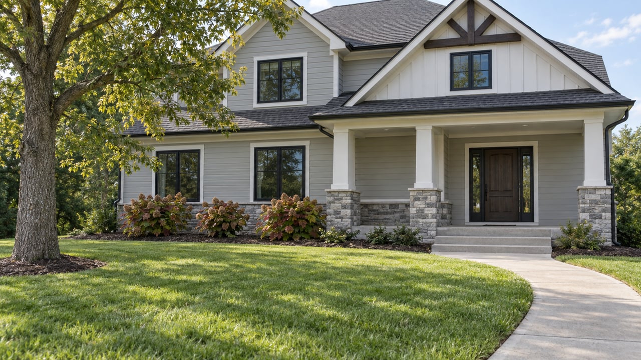 Pale-gray gabled home with a stone-based covered porch, dark windows, broad lawn and oakleaf hydrangeas in autumn.