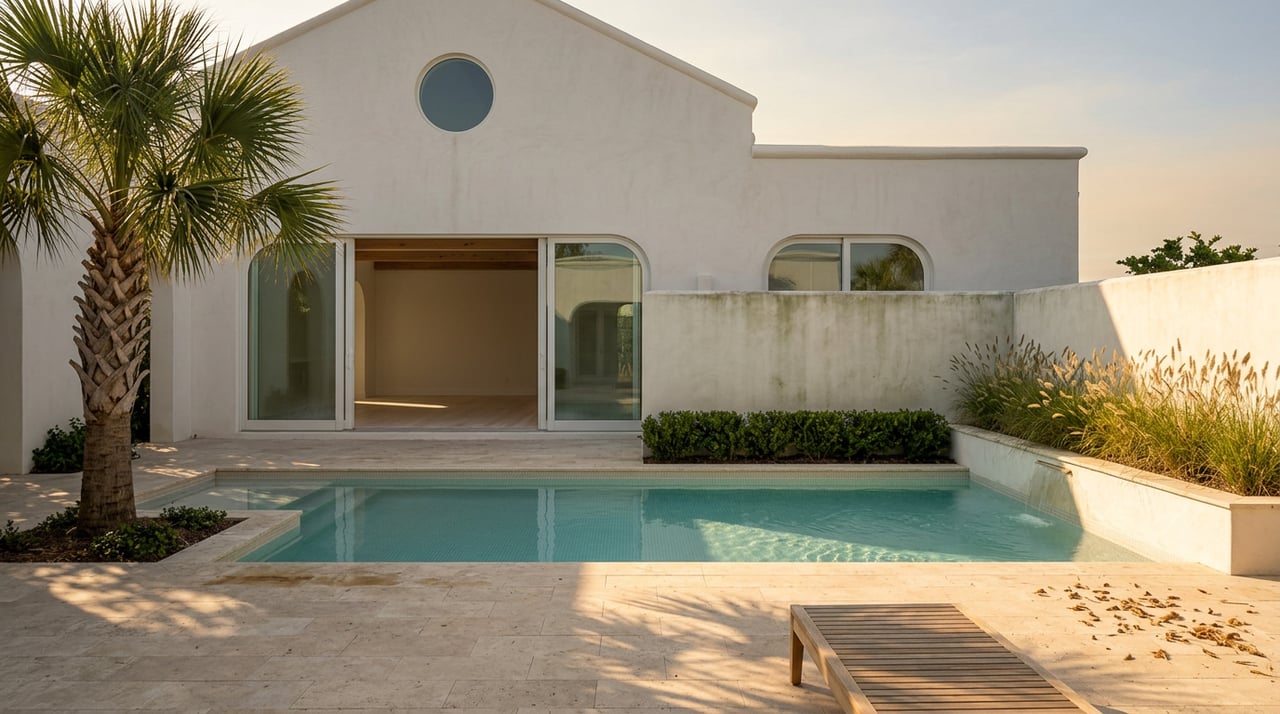 Private courtyard pool beside a white stucco home with arched glass doors and a palm.