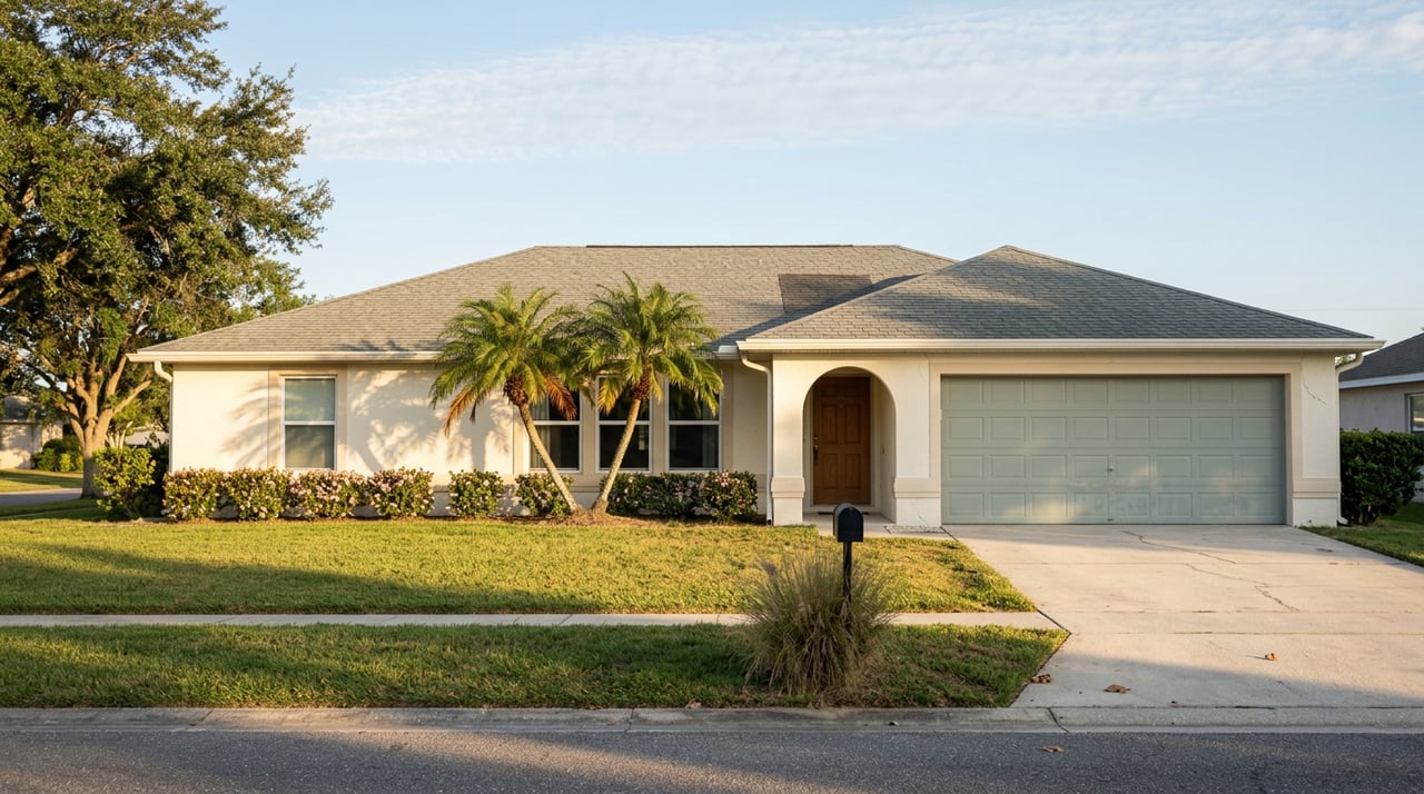 Single-story cream stucco house with sage-gray garage door, palms, flowering shrubs, and a broad concrete driveway.