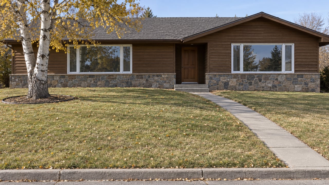 An older cedar-sided ranch home with a broad autumn lawn, stone foundation, concrete entry walk, and one gold-leaved aspen.