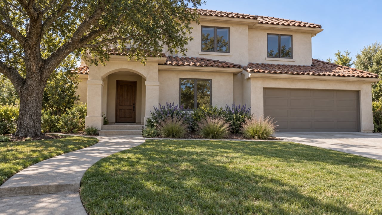Two-story ivory stucco home with terracotta roof, recessed arched entry, broad front lawn, and a mature oak beside the approach.