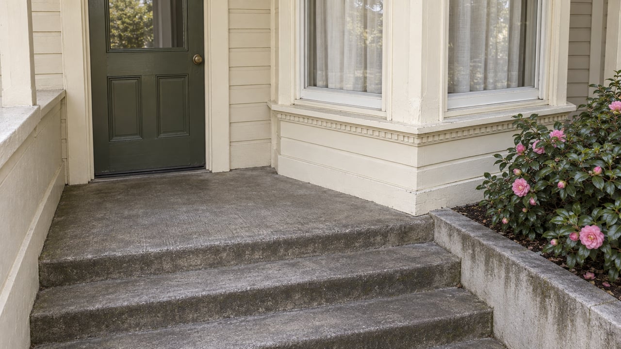 Ivory wood-clad entrance with an olive glazed door, projecting sash windows, worn concrete steps, and a camellia in a raised planter.
