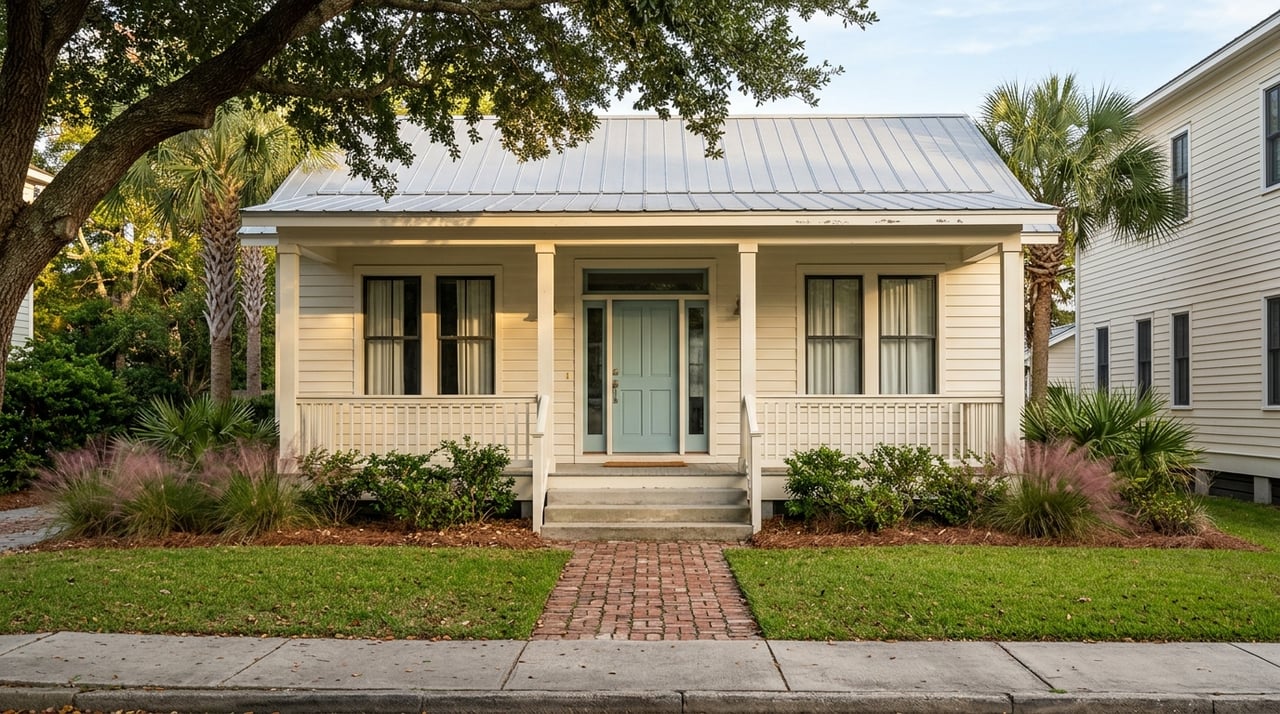 Cottage with a front porch, live oak, and walkway.