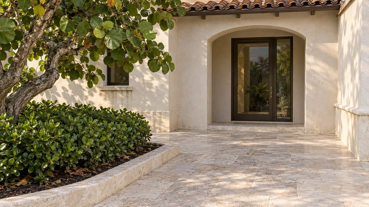Arched stucco entry with a glazed bronze-framed door, pale stone approach, and leafy plants in a raised bed.