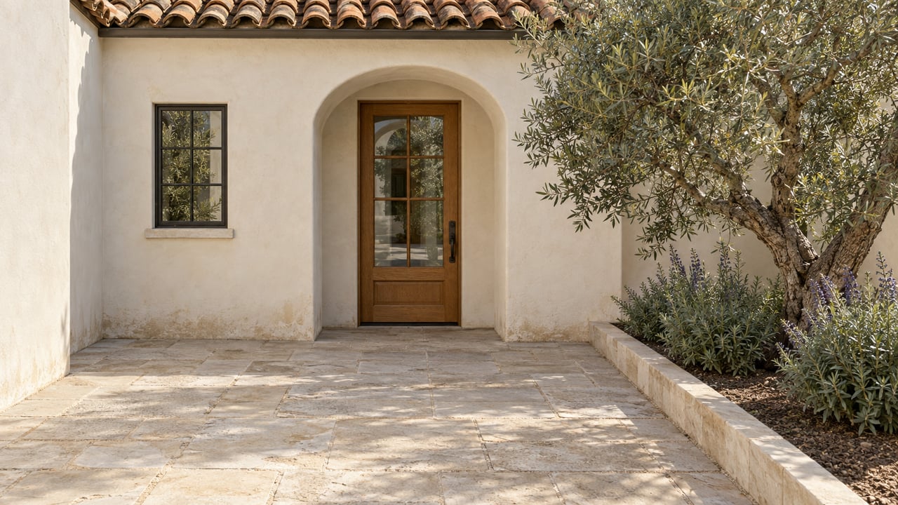 Coastal cottage entry court with a glazed oak door beneath a terracotta-tiled eave and an olive tree in a raised bed.