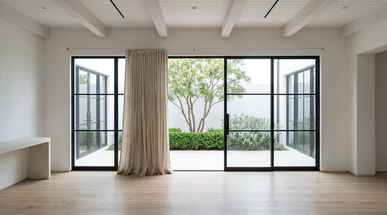 Great room with a beamed ceiling and oak floors, opening through a steel-framed glass wall to a planted terrace.