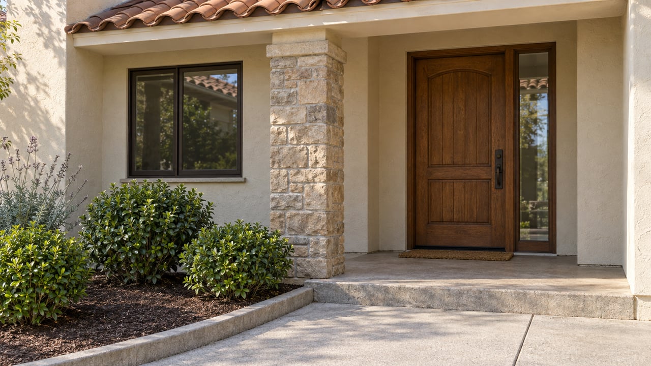 Cream stucco home entry with a terracotta porch roof, tan stone pier, oak door and carefully edged planting bed.