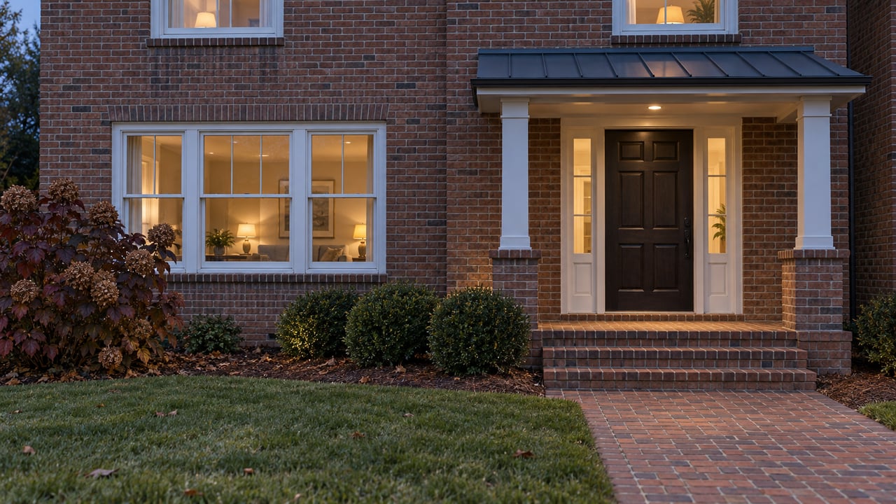 Red-brick home at blue hour with warmly lit sash windows, a covered timber entrance and a brick path across the lawn.