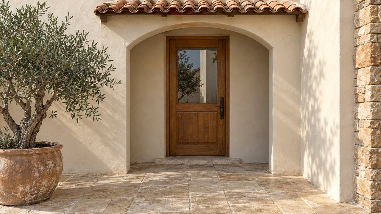 Cream stucco arched residential entrance with a glazed oak door, terracotta roof tiles, limestone paving and a potted olive tree.