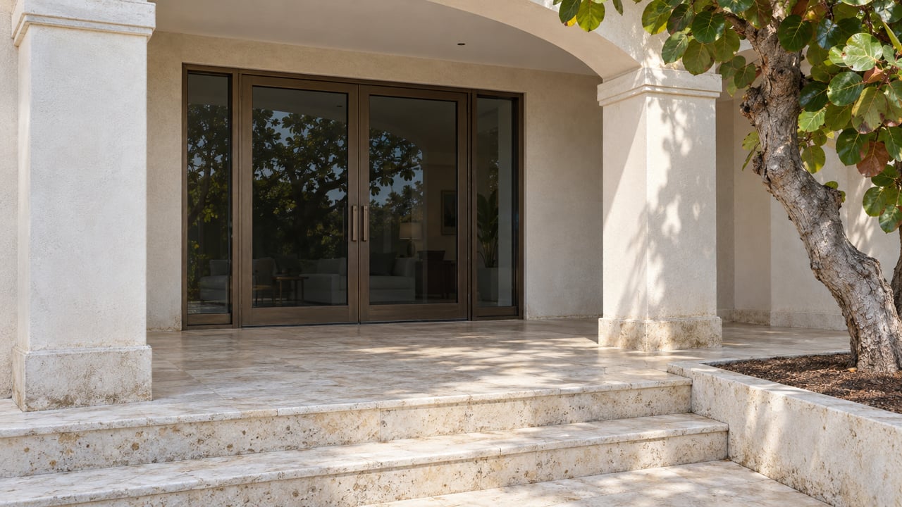 Ivory stucco loggia with paired columns, bronze-framed glass doors, pale limestone steps and a mature sea-grape tree in a raised stone bed.