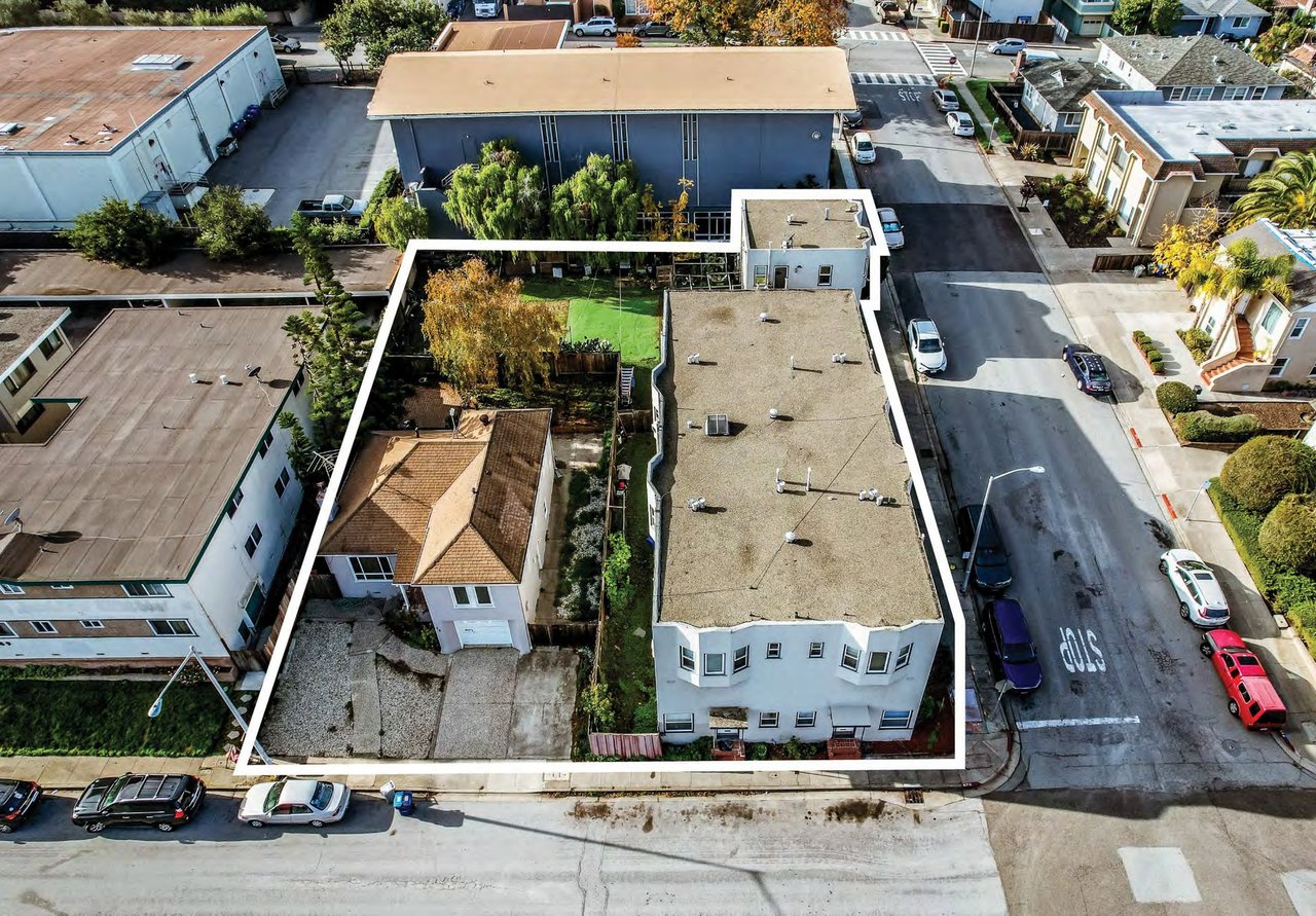 Aerial of 75 Broadway and 105 Chadbourne Avenue, Millbrae, a 9 unit corner development site for sale