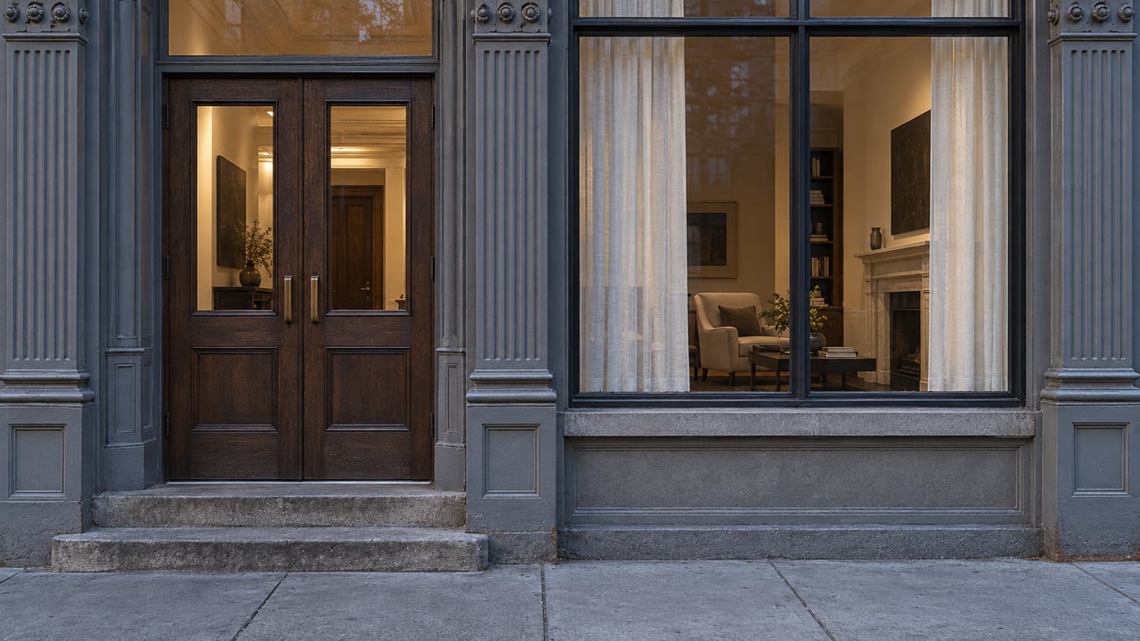 Warmly lit loft window beside paired oak entry doors in a weathered cast-iron facade at dusk.
