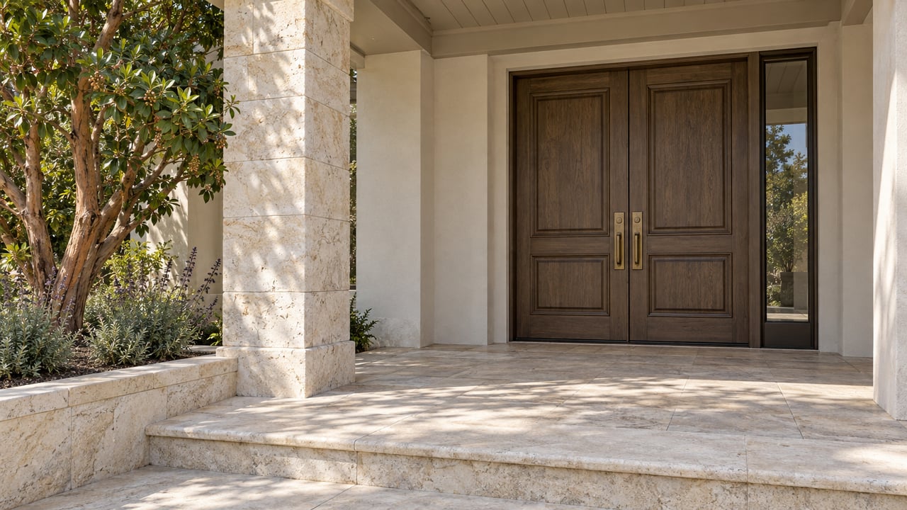 Sunlit limestone entry terrace with paired oak doors, an ivory covered ceiling and a branching strawberry tree beside a raised stone planting bed.