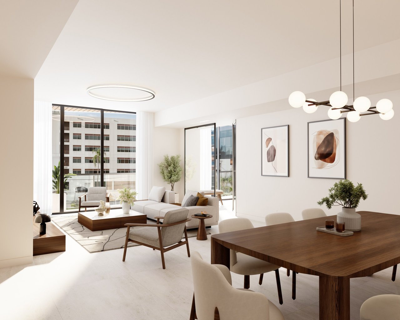 Rendering of living and dining area at MILA Bay Harbor in Bay Harbor Islands.