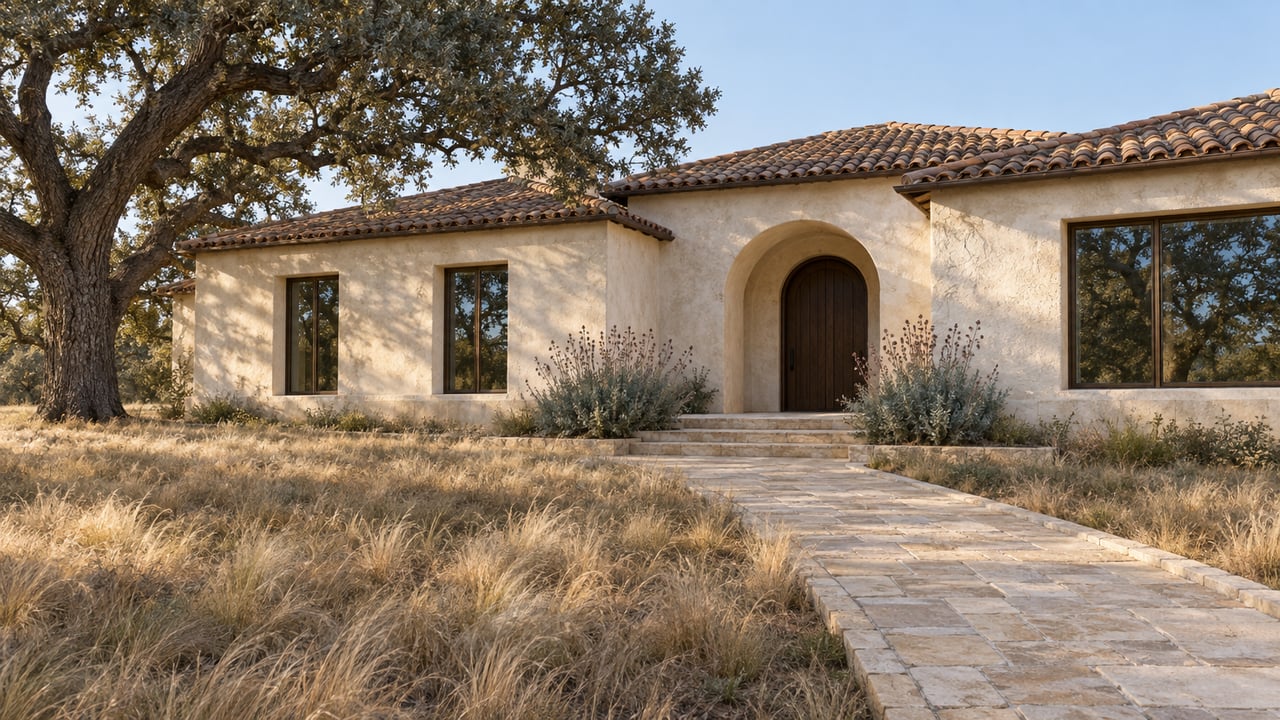 An ivory stucco estate with terracotta roofing, a limestone entry walk, and a mature oak beside a straw-colored autumn meadow.