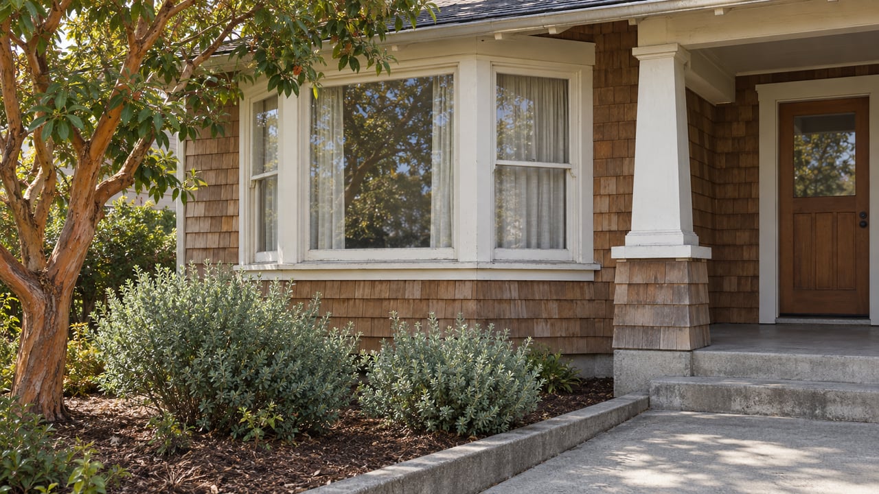 Weathered cedar-shingled bungalow with ivory bay-window trim, a recessed porch entry and a small planted garden beside the concrete approach.