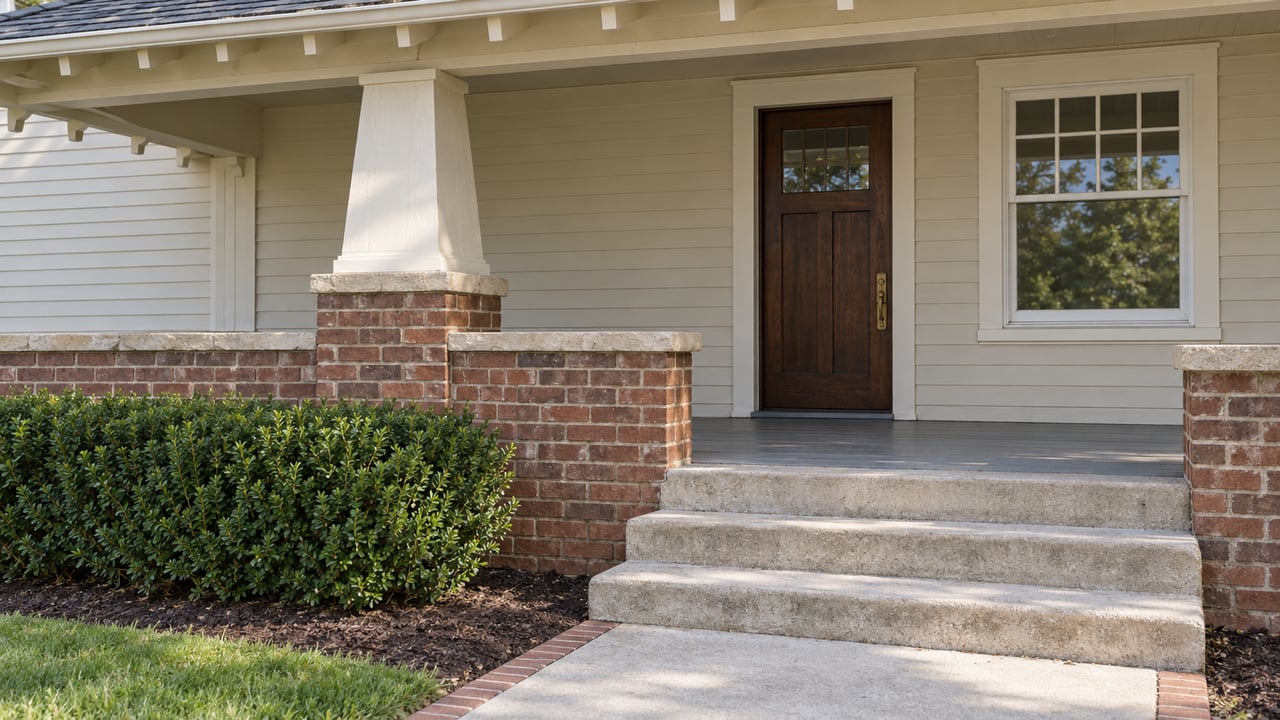 Sunlit bungalow porch with a tapered cream column, red brick masonry, concrete steps, and a dark wood entry door.