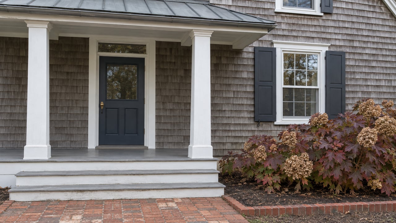 Weathered cedar-shingle house with white porch columns, a navy front door, brick approach and autumn oakleaf hydrangea.