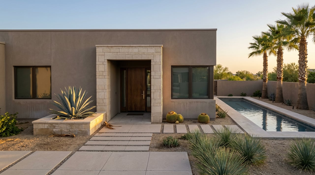 Desert modern home with recessed wood entry, agave planter, paver courtyard, and lap pool.