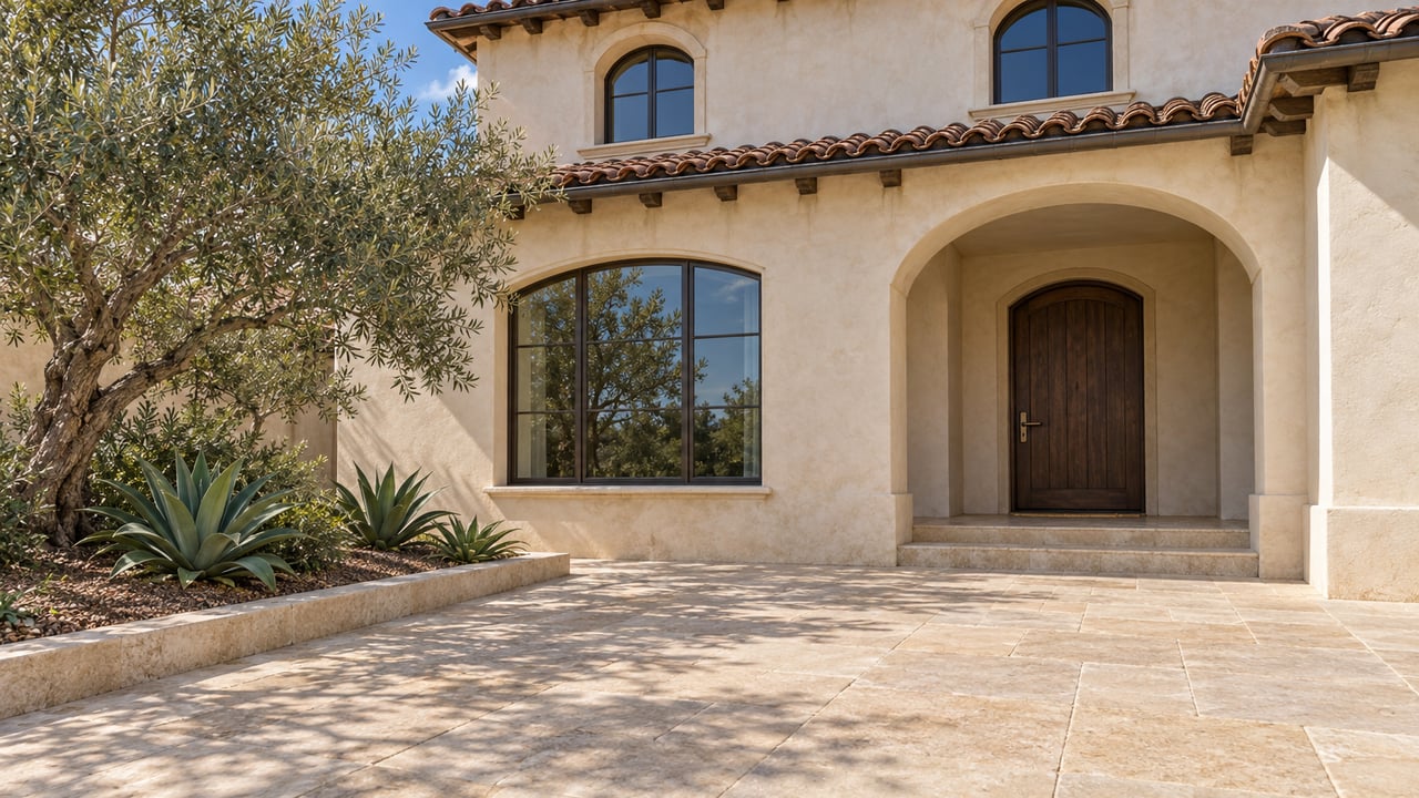 Sunlit ivory stucco home with clay roof tiles, a shaded arched entrance and limestone approach beside an olive tree and agaves.