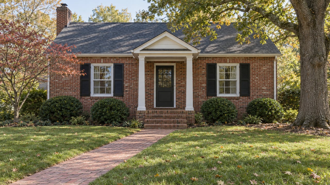 A red-brick cottage with white porch posts and black shutters stands beyond a deep autumn lawn and brick front walk, framed by a mature oak.