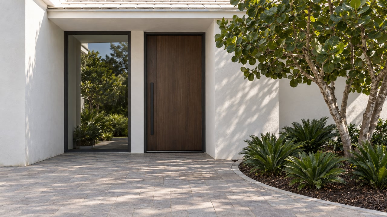White stucco home entrance with a sheltered wood door, charcoal-framed window, gray paver approach, and sculptural sea-grape planting.