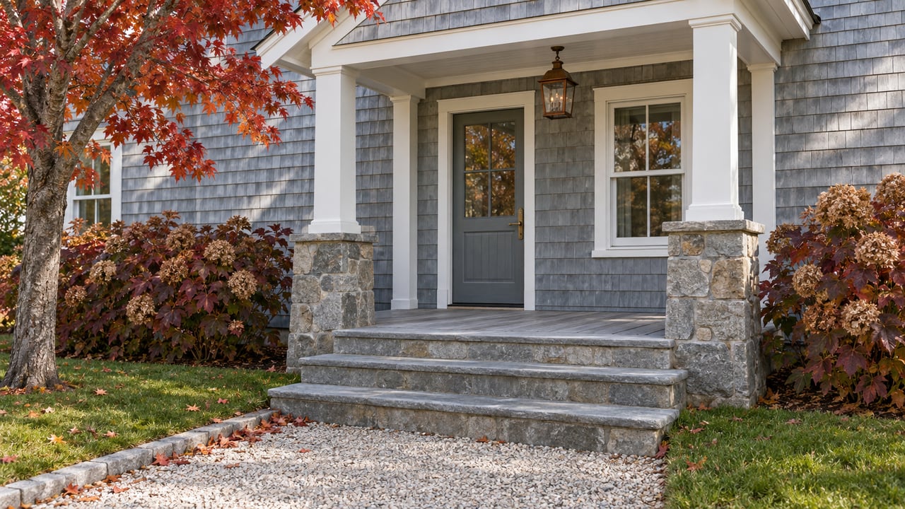Weathered blue-gray shingle home with a covered entry, broad bluestone steps and burgundy oakleaf hydrangeas beside a gravel approach.