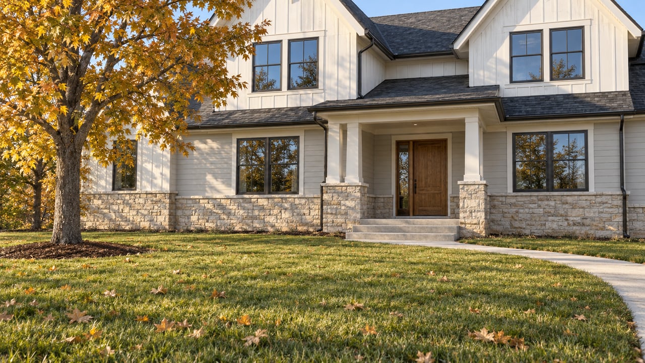 White two-story home with a stone porch, broad autumn lawn and one golden-leaved maple in crisp morning light.