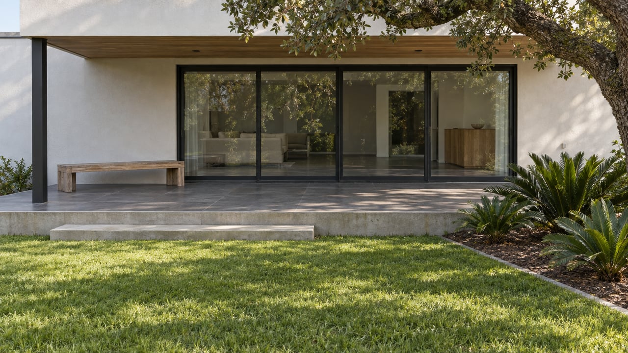 Contemporary covered terrace with charcoal tile, warm wood soffit and closed glass doors overlooking a lawn with coontie plants and a mature live oak.