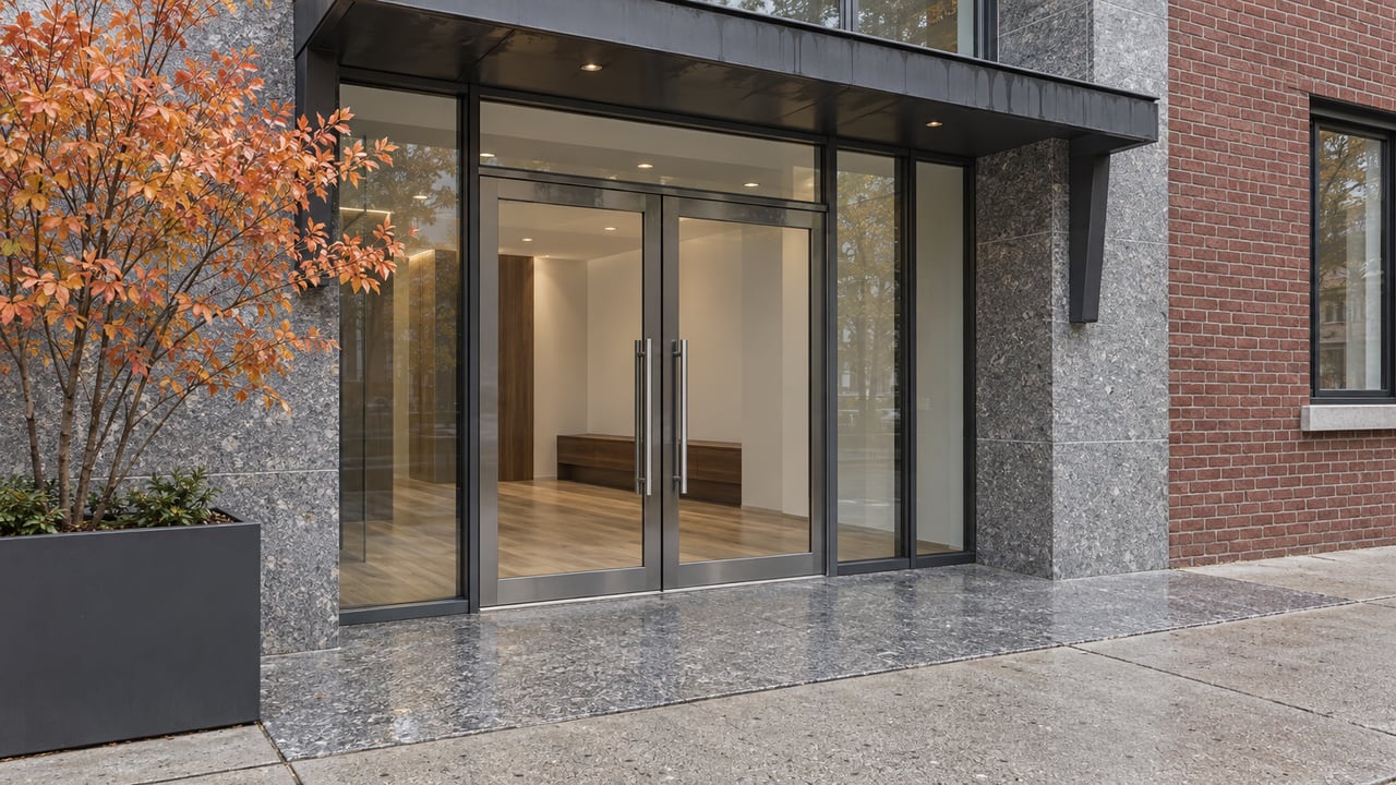 Glass condominium entrance beneath a charcoal steel canopy, with grey granite paving, red brick and one copper-leaved serviceberry in a metal planter.