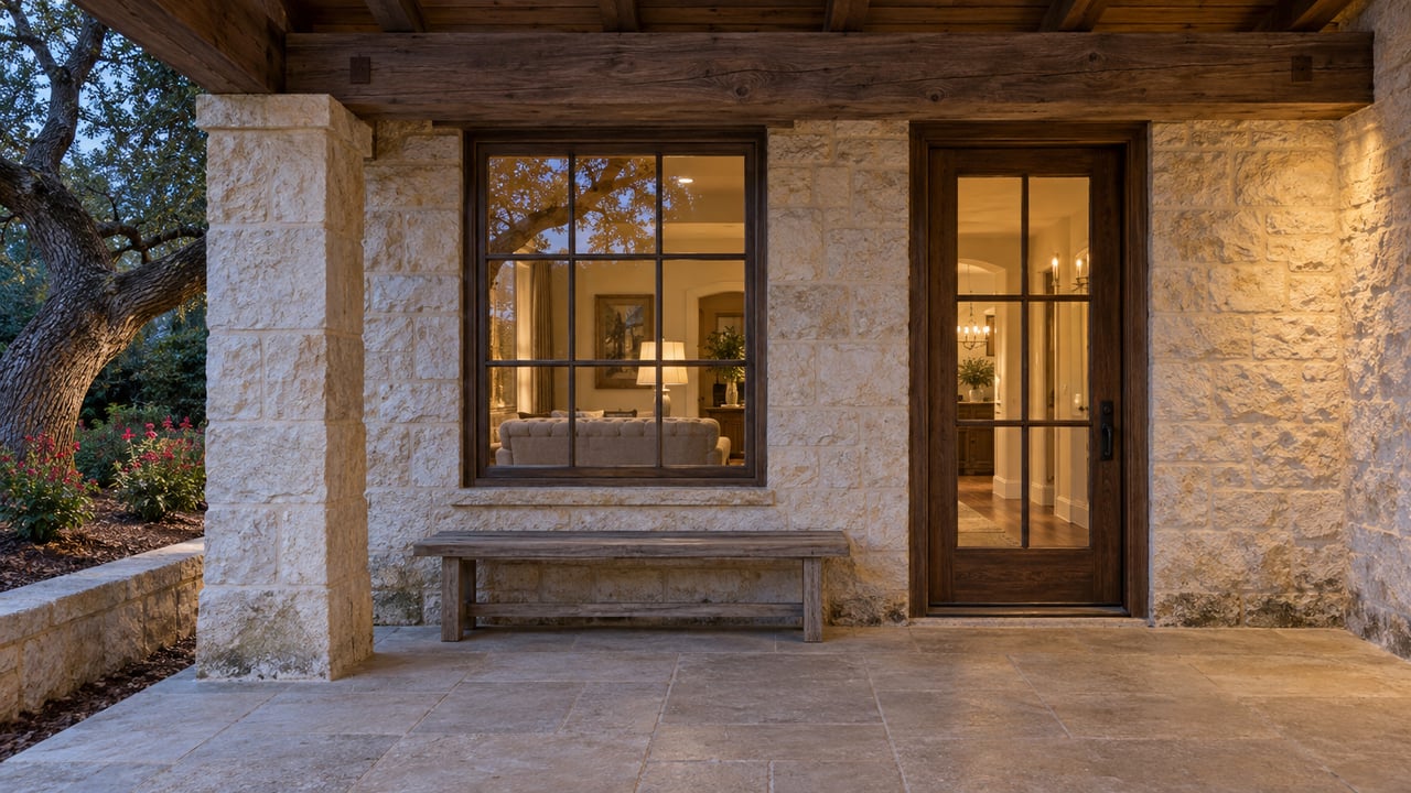 Timber-roofed limestone terrace at dusk with a glazed wooden door, tall window and weathered teak bench.