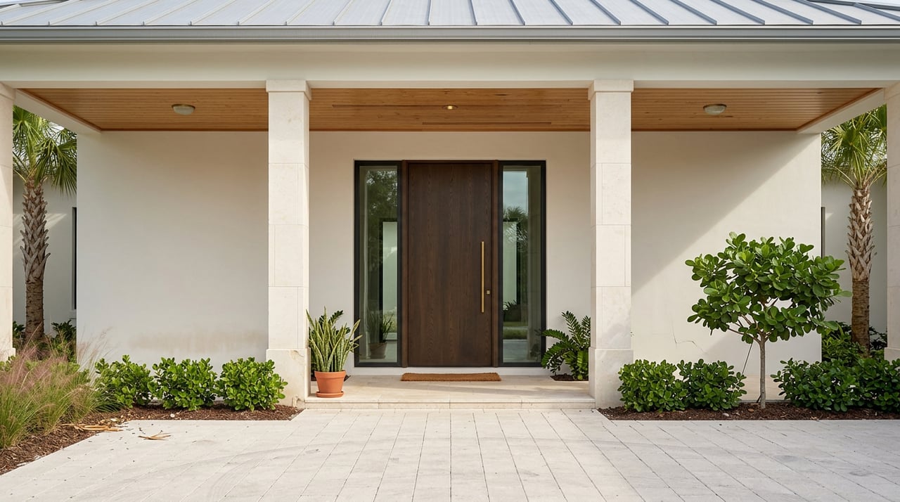 Coastal home loggia with limestone columns, dark-oak pivot door, and tropical landscaping.