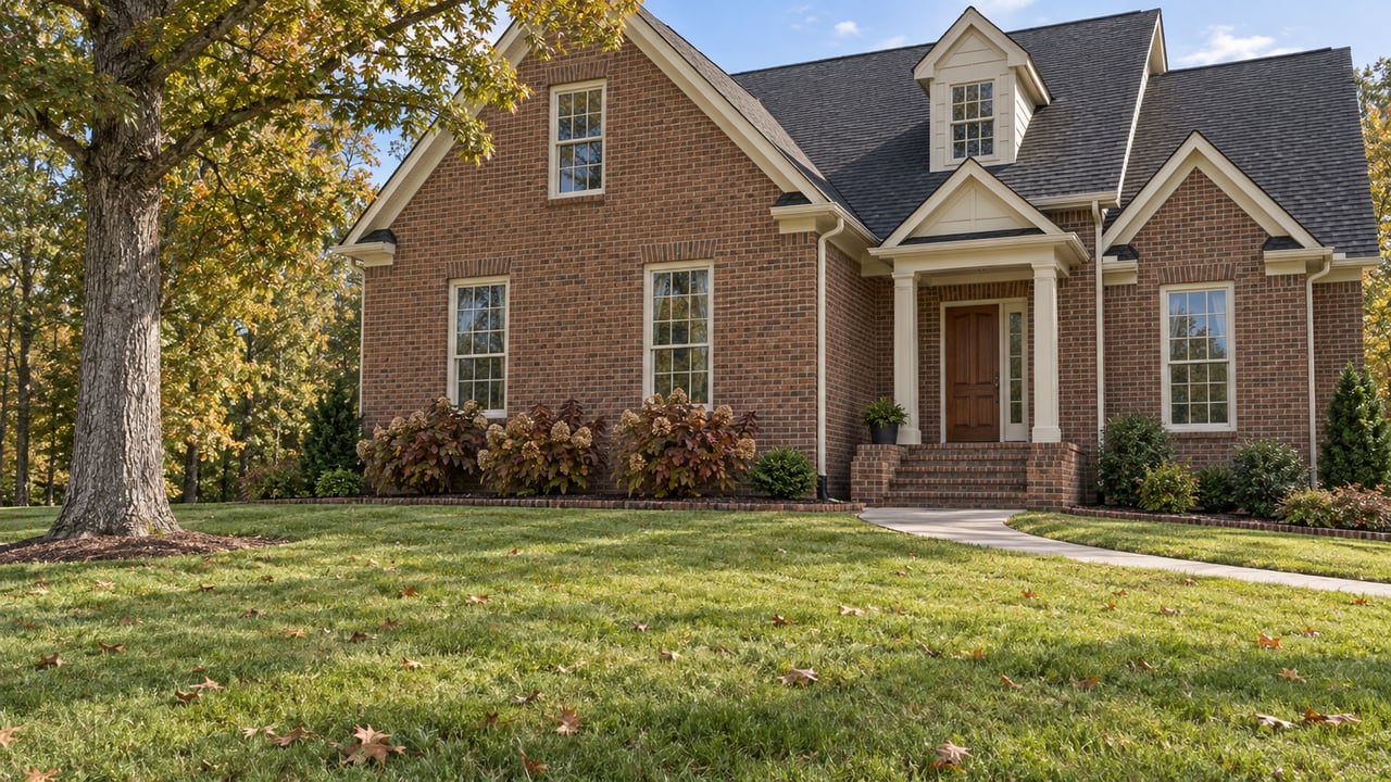 Red-brown brick house with steep gables, a small columned portico, and a curved walk across a broad lawn.