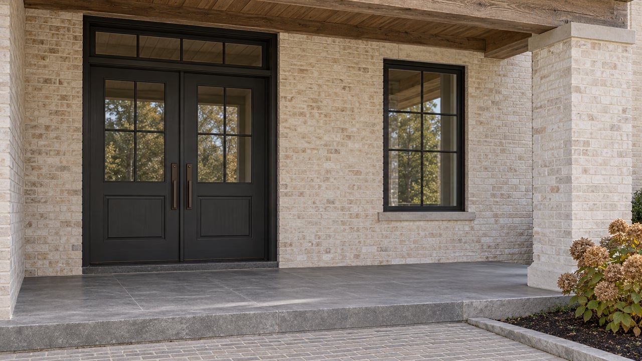 Covered home entry with dark double doors, cream brick, oak porch timbers and a limestone step beside dried hydrangea blooms.
