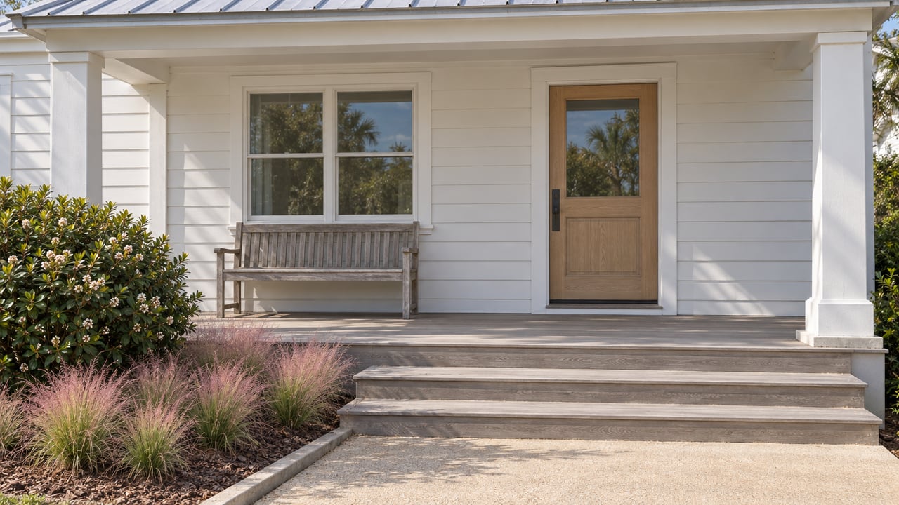 White-sided home's covered porch with a glazed entry, teak bench, broad gray steps and pink muhly grass beside a concrete approach.