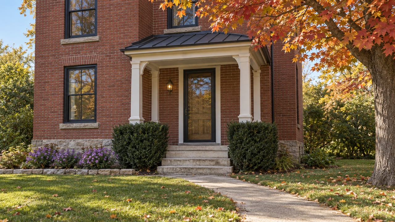 Red-brick village house beneath an amber and red maple, with limestone steps and a straight concrete walk.