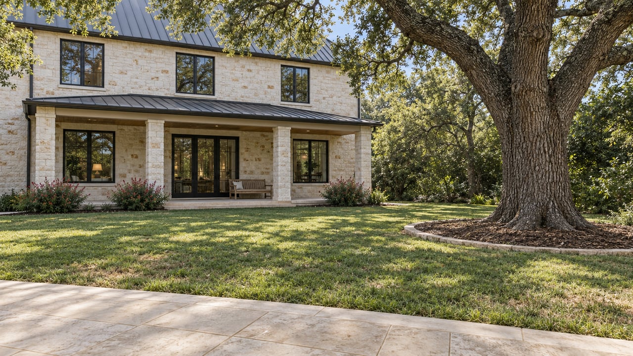 A mature spreading oak shades a spacious lawn behind a limestone home with black-framed windows and a covered porch.