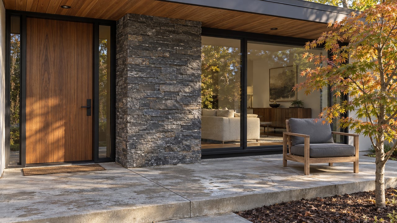 Morning light on a walnut entry door, charcoal stone pier and glazed living room beside a teak chair and copper-tipped vine maple.