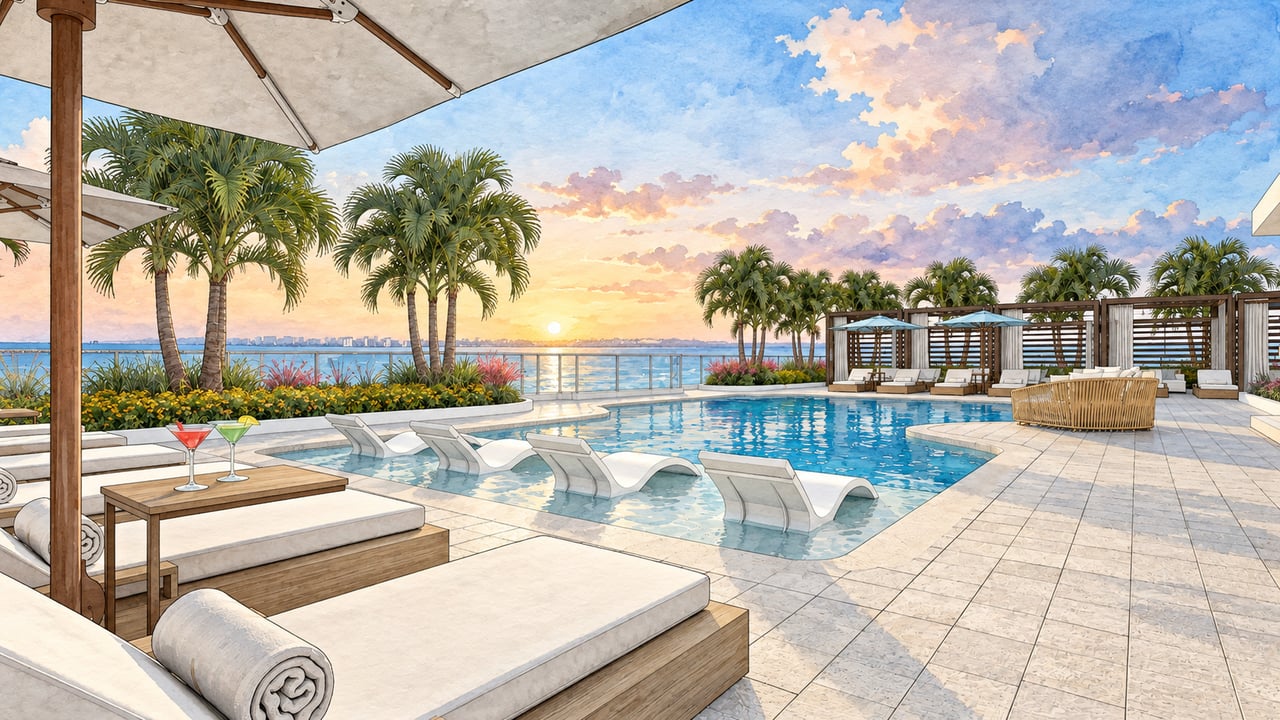 Pool deck with in-water loungers, cabanas, palm trees, and sunset views across the water.