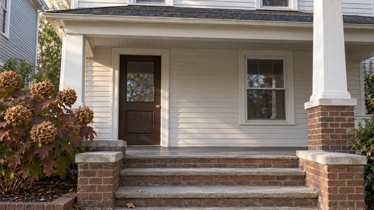 Autumn afternoon light across brick and limestone porch steps, white clapboard and a brown glazed entry door.