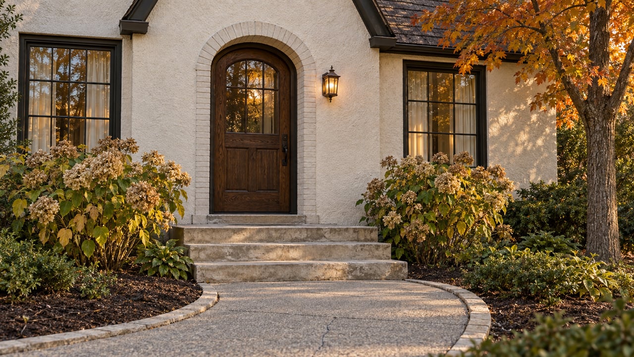 Evening light on a cream-stucco home's arched oak entry, limestone steps, and autumn hydrangeas.