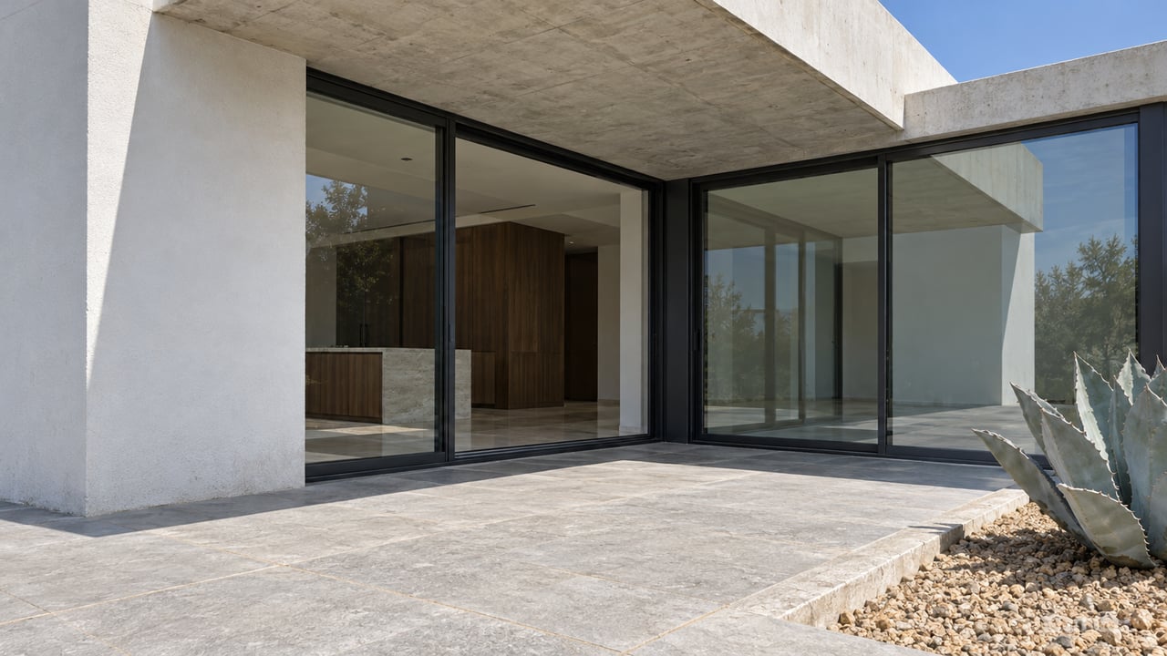 Low-angle view of a contemporary home's shaded glass terrace, white stucco, gray stone paving, and one blue-gray agave in a bordered gravel bed.